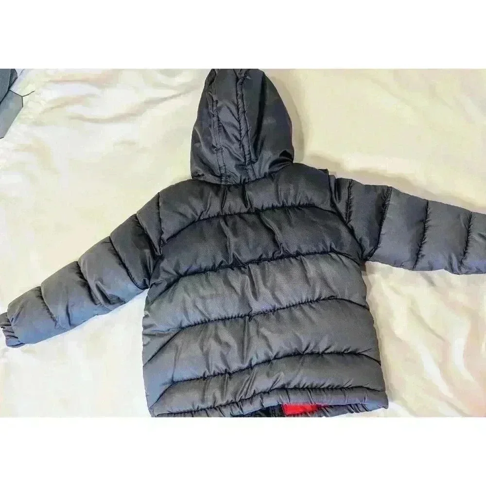 Vertical '9 Boys Lined Puffer Jacket Siz 18 Months Gray Red Hooded Pockets EUC